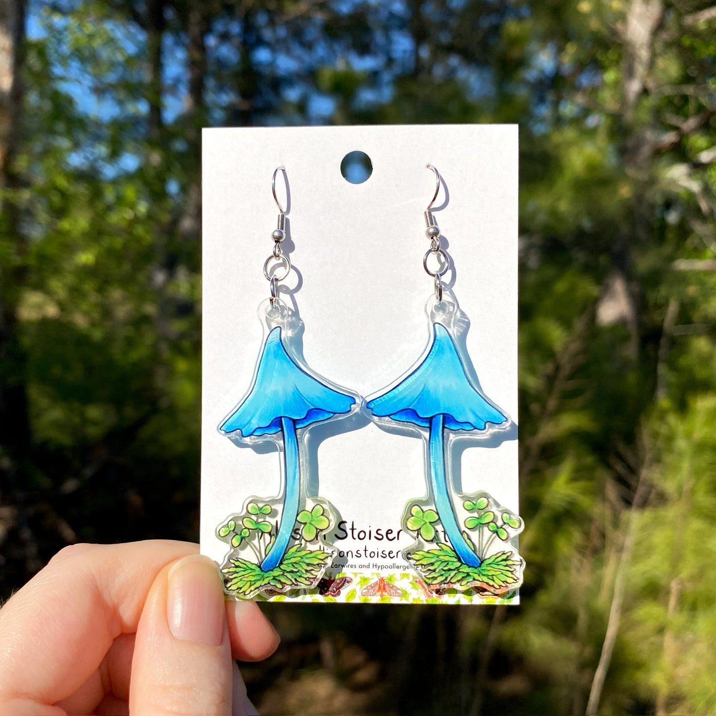 Double-sided acrylic charm earrings of blue were-were kōkako mushrooms