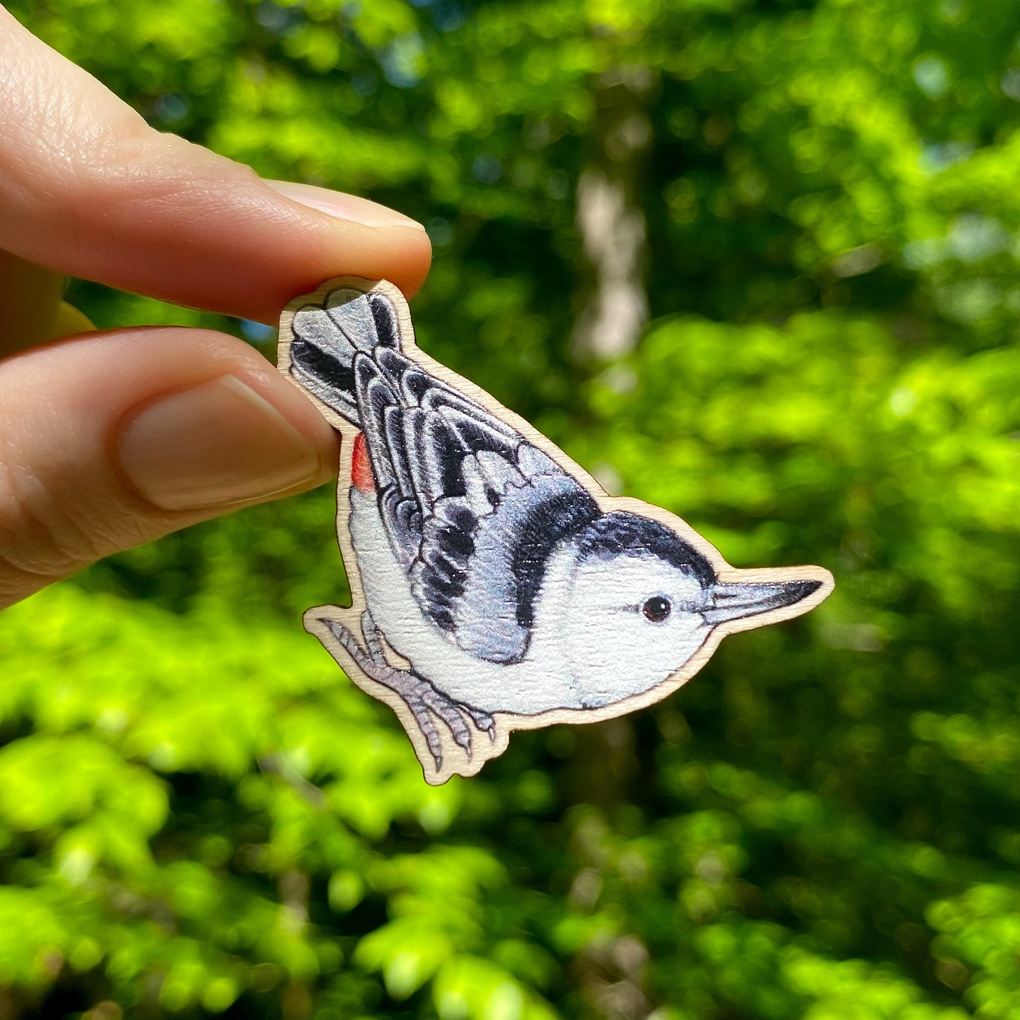 A hand holding a wooden pin of a white-breasted nuthatch.