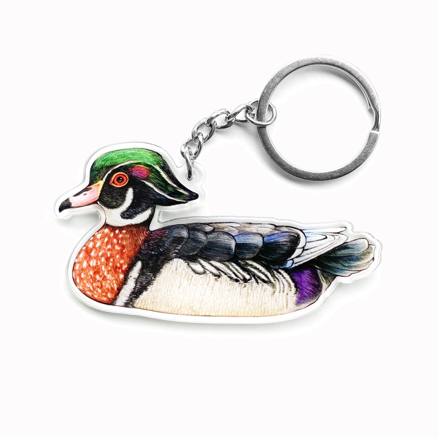 A double-sided acrylic keychain featuring an illustration of a wood duck.