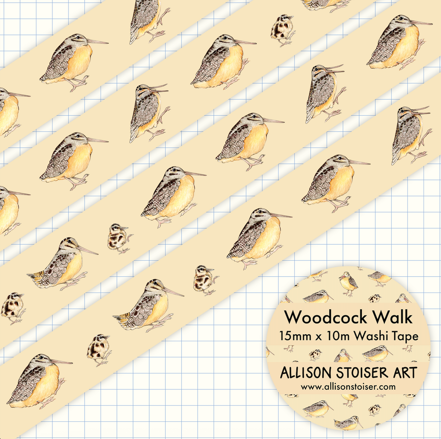 Washi tape with woodcocks and chicks on a grid background.