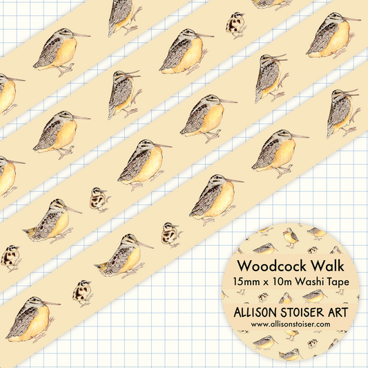 Washi tape with woodcocks and chicks on a grid background.