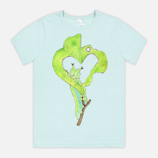 An ice-blue t-shirt featuring an illustration of a hackberry emperor caterpillar who has eaten a heart shape into a leaf.