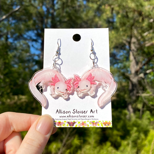 acrylic earrings with axolotl charms