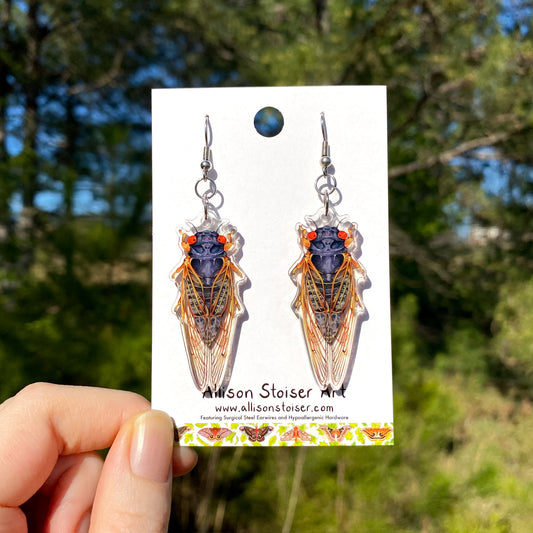 acrylic earrings with periodical cicada charms