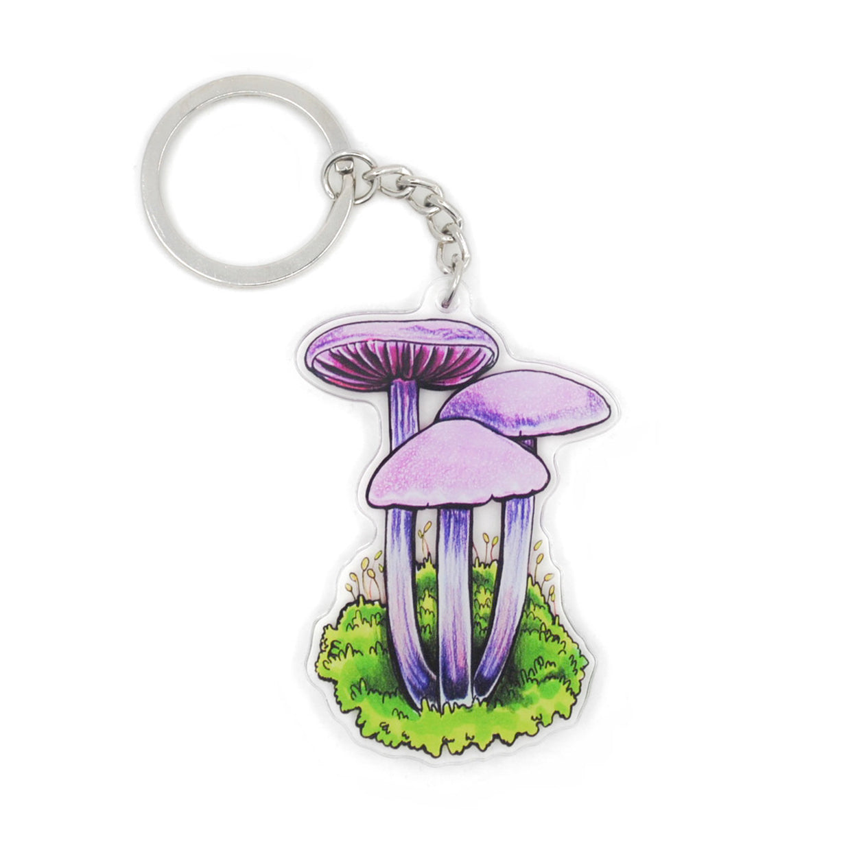 A keychain featuring an amethyst deceiver mushroom 