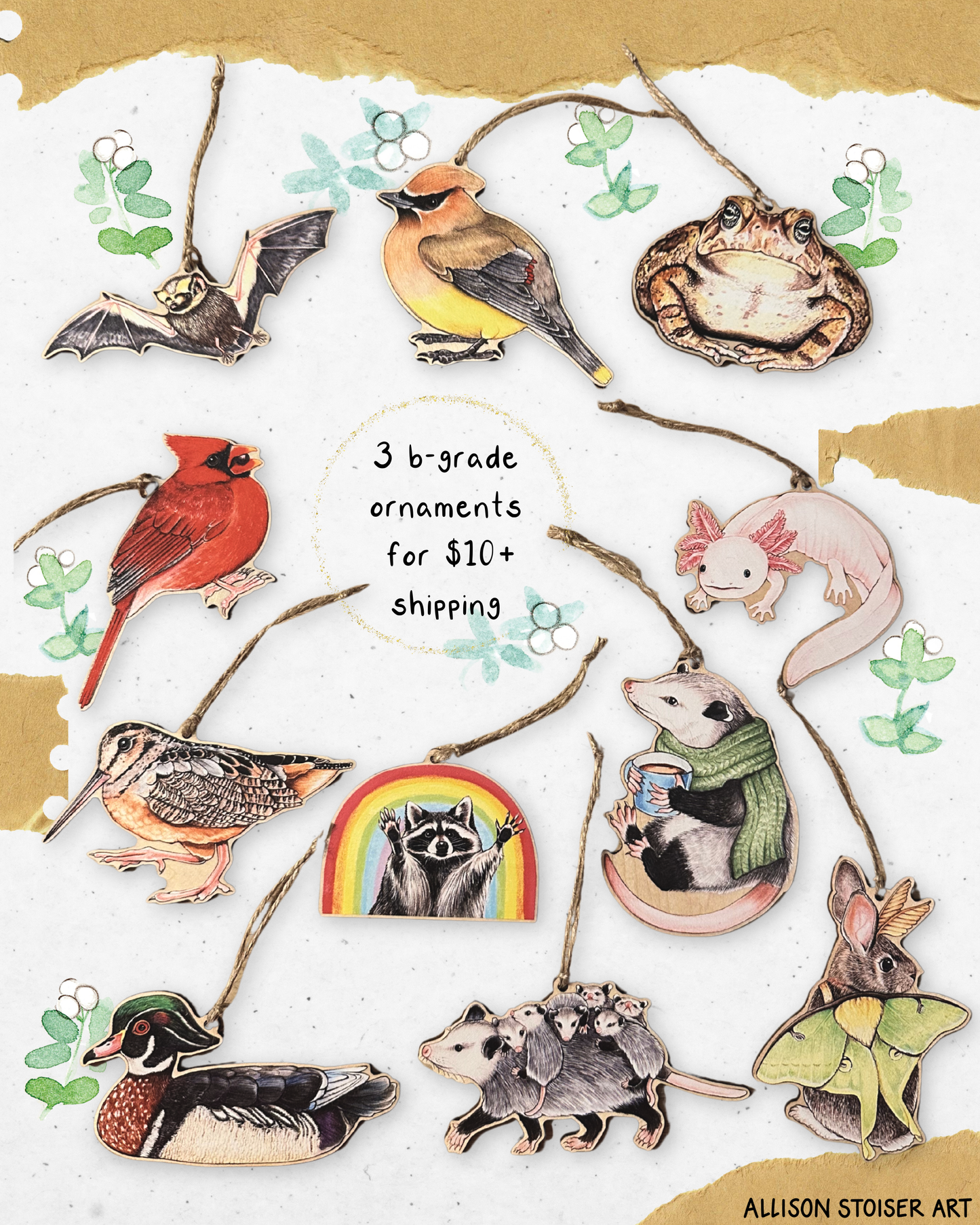 Collection of animal Christmas ornaments on a white background with text that reads "3 b-grade ornaments for $10 plus shipping."