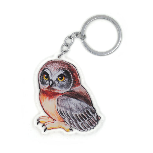 A keychain featuring an illustration of a raccoon