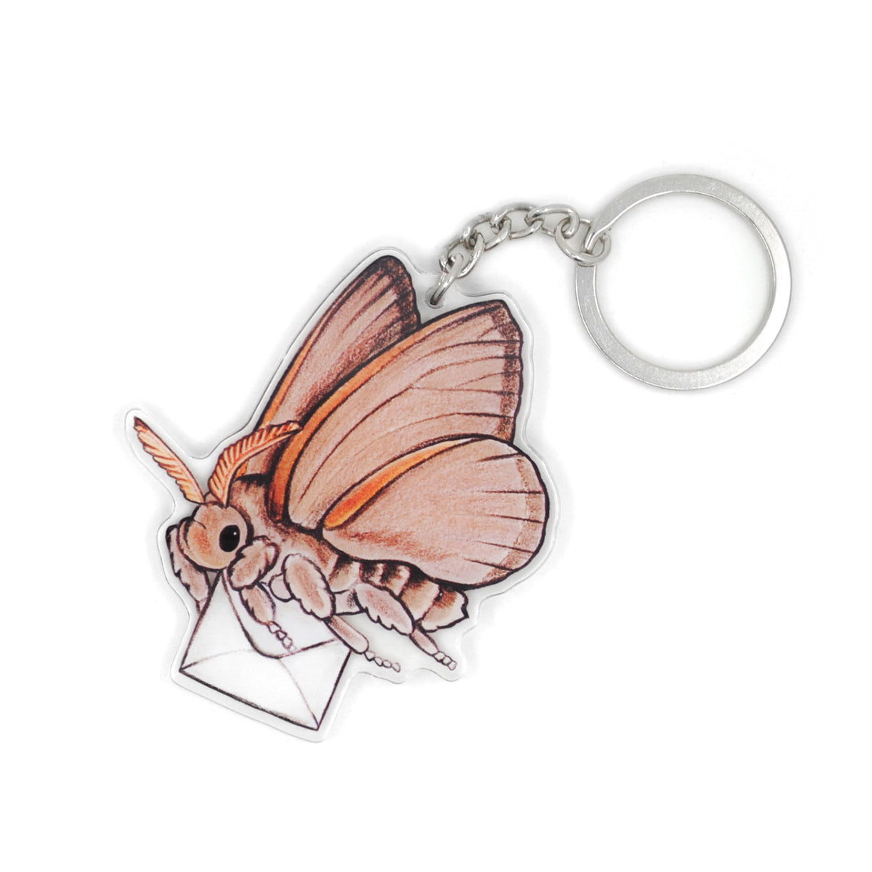 A keychain of a brown moth carrying a letter on a white background.