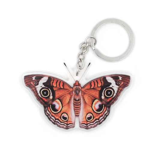 A keychain of a common buckeye butterfly on a white background.