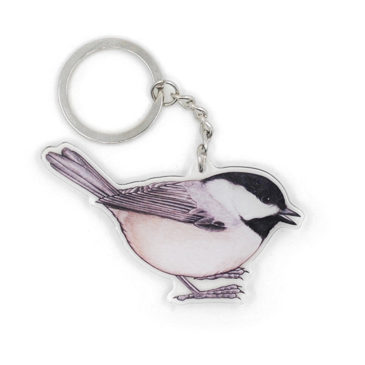 A keychain of a Carolina chickadee on a white background.