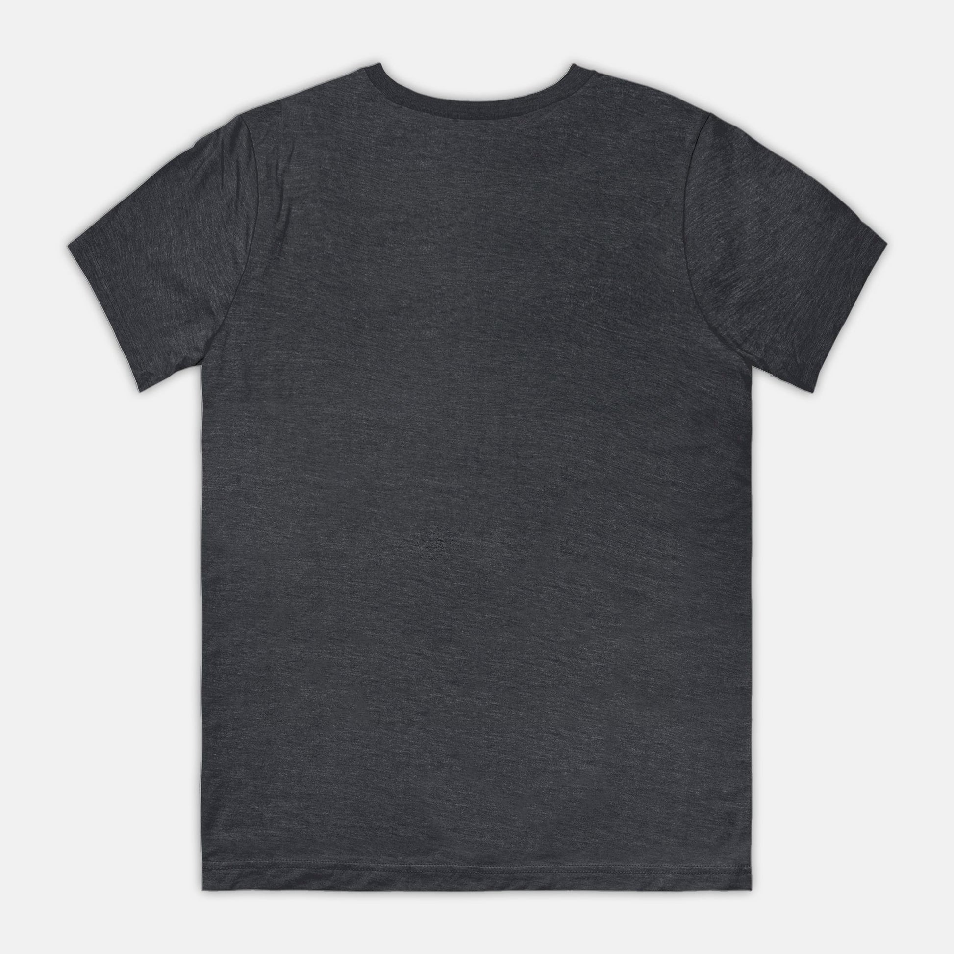 The back view of a plain dark gray t-shirt