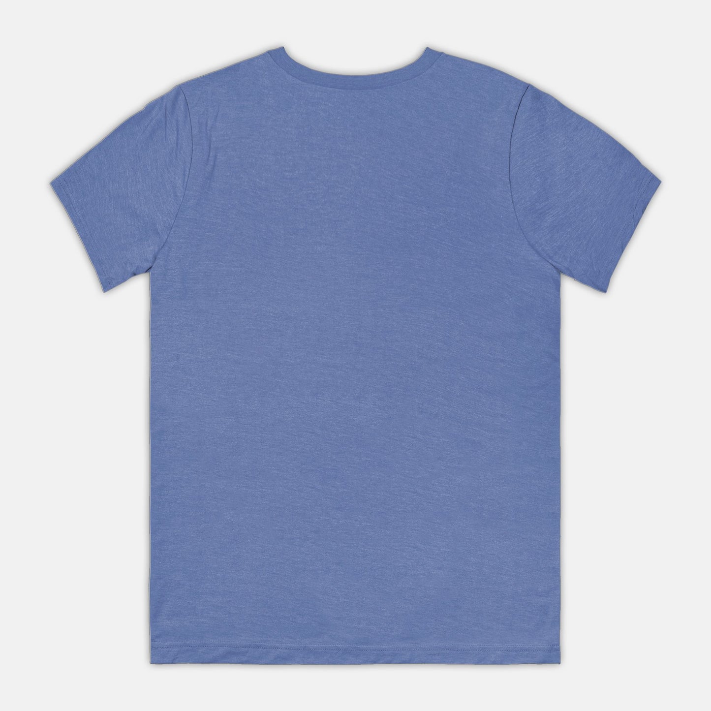 The back view of a plain blue t-shirt