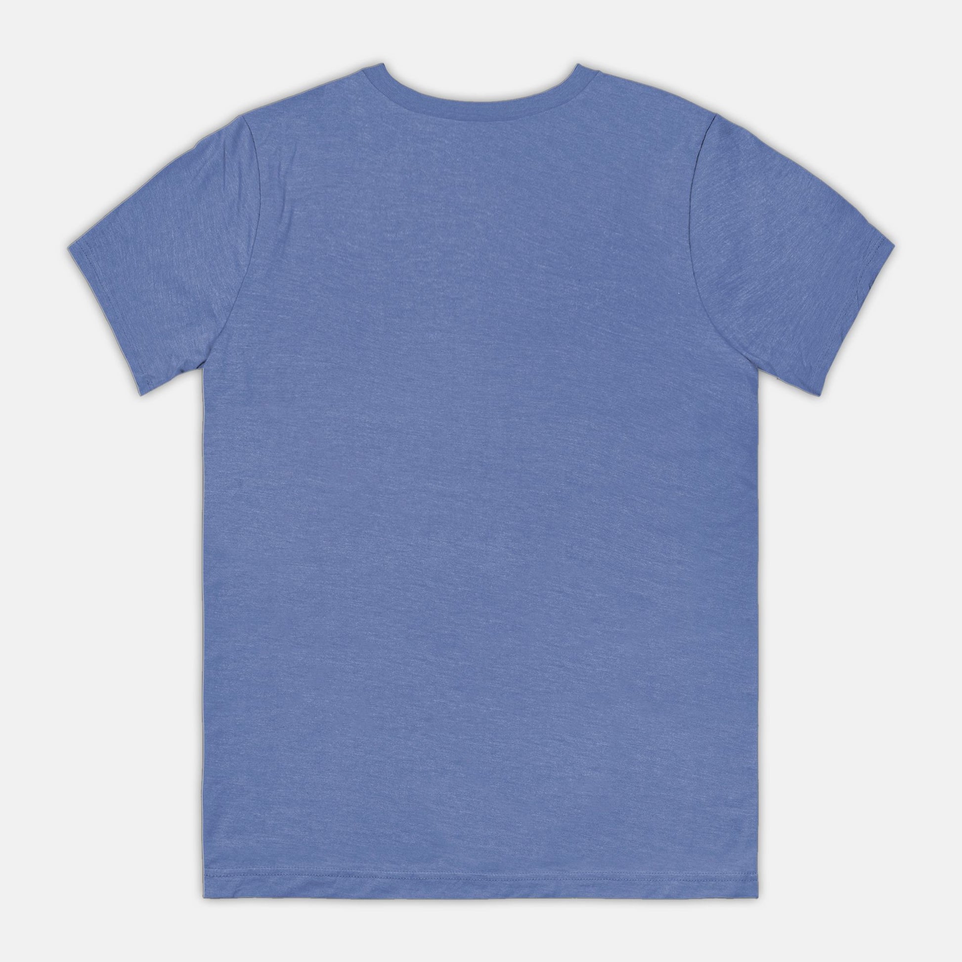 The back view of a plain blue t-shirt