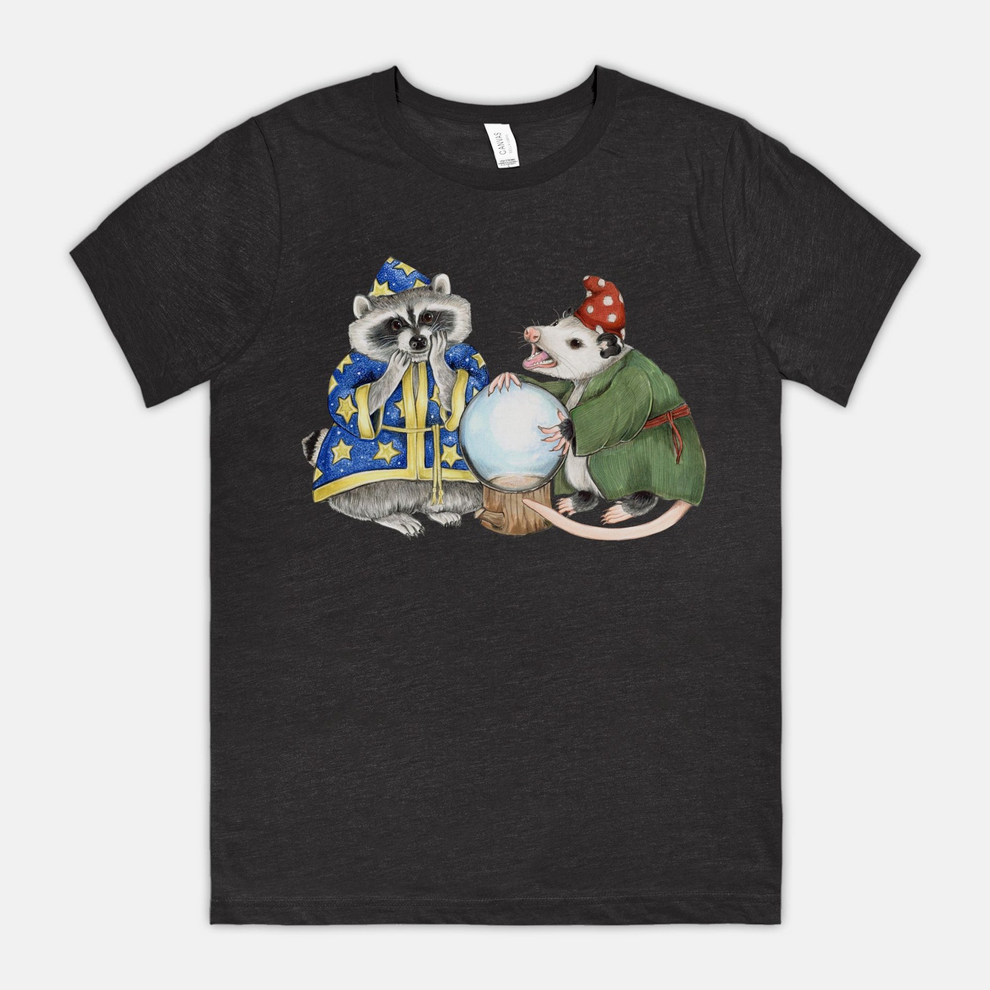 A dark gray t-shirt featuring an illustration of a raccoon wizard and opossum fortune teller