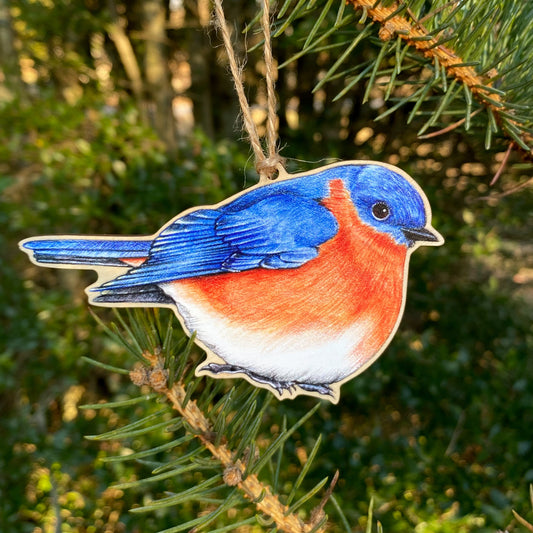 wood print ornament of an eastern bluebird