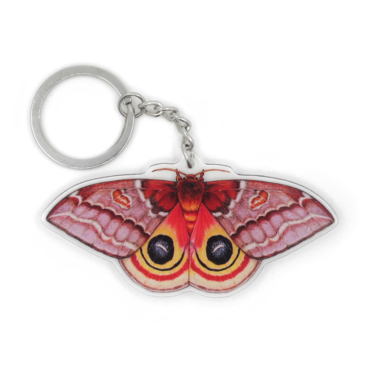 A keychain of a female io moth on a white background.