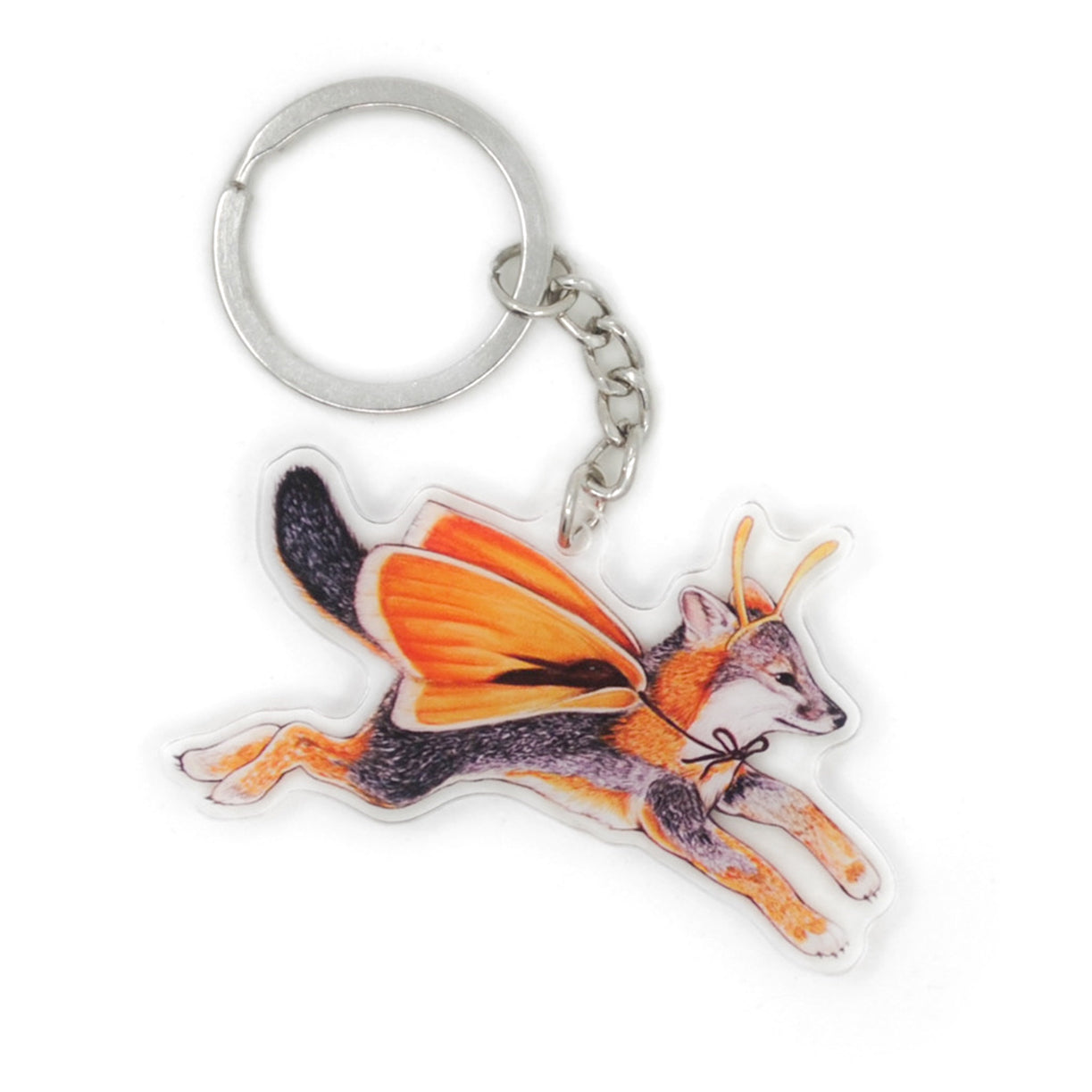 A keychain of a gray fox wearing skipper butterfly wings on a white background.