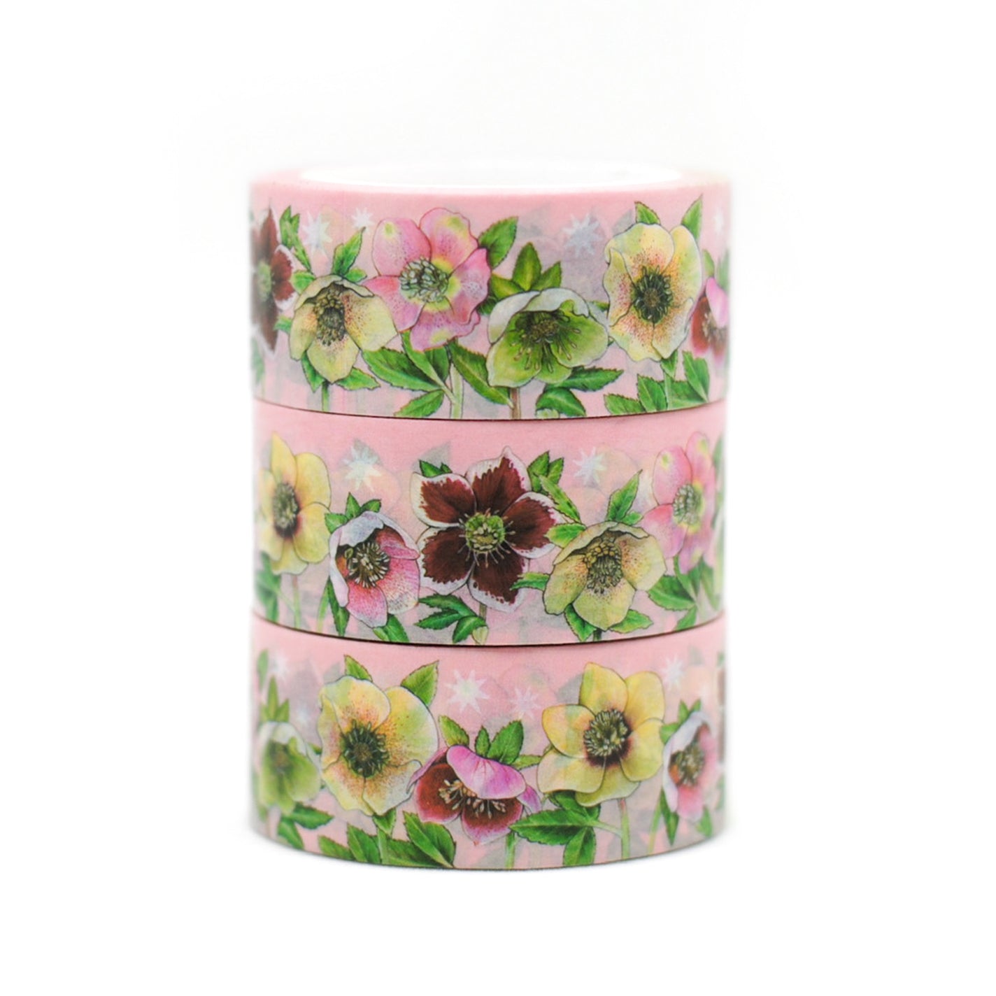 A stack of three rolls of lenten rose washi tape.