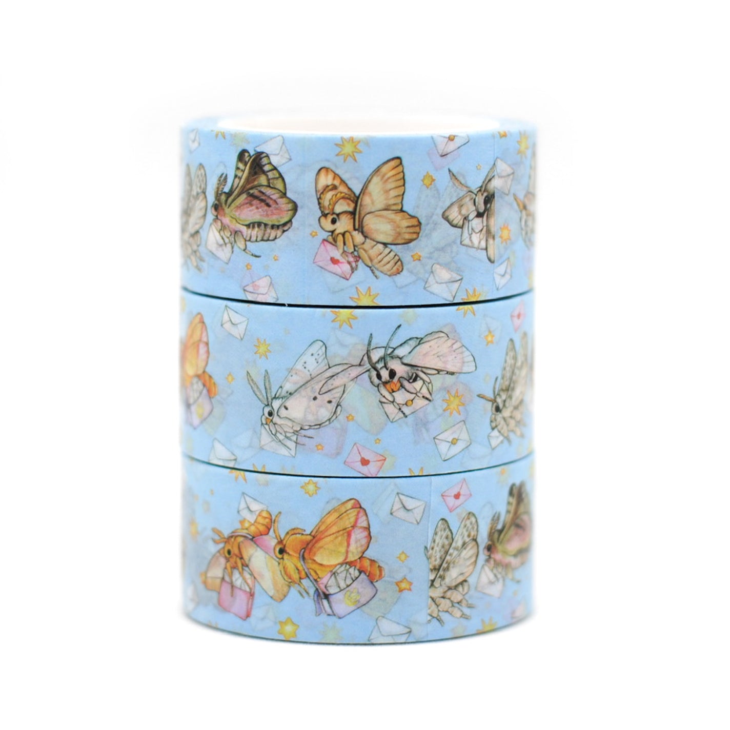 A stack of three rolls of mail moth washi tape