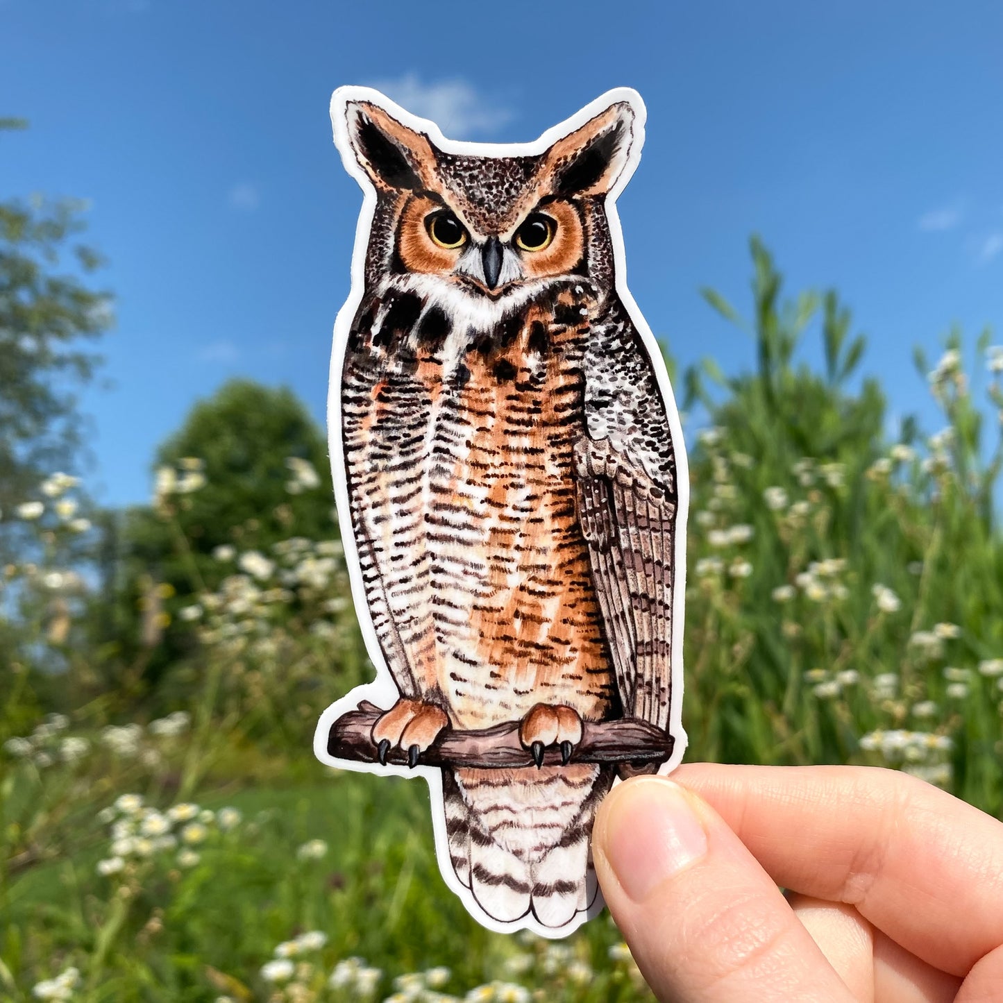 A weatherproof vinyl sticker featuring an illustration of a great horned owl