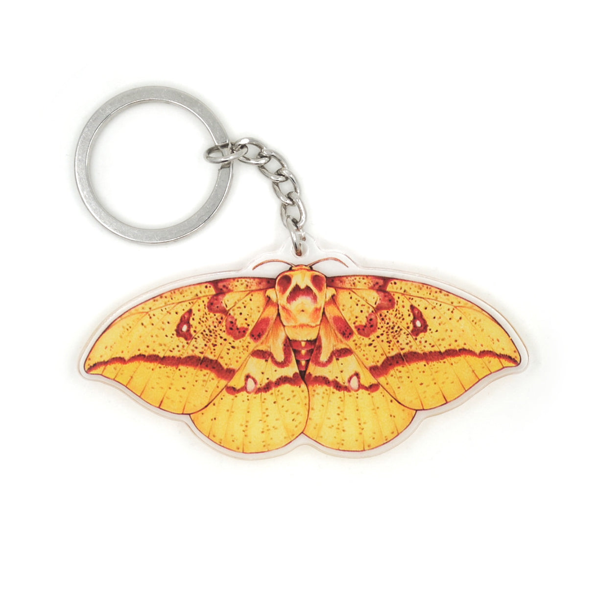 A keychain of an imperial moth on a white background.