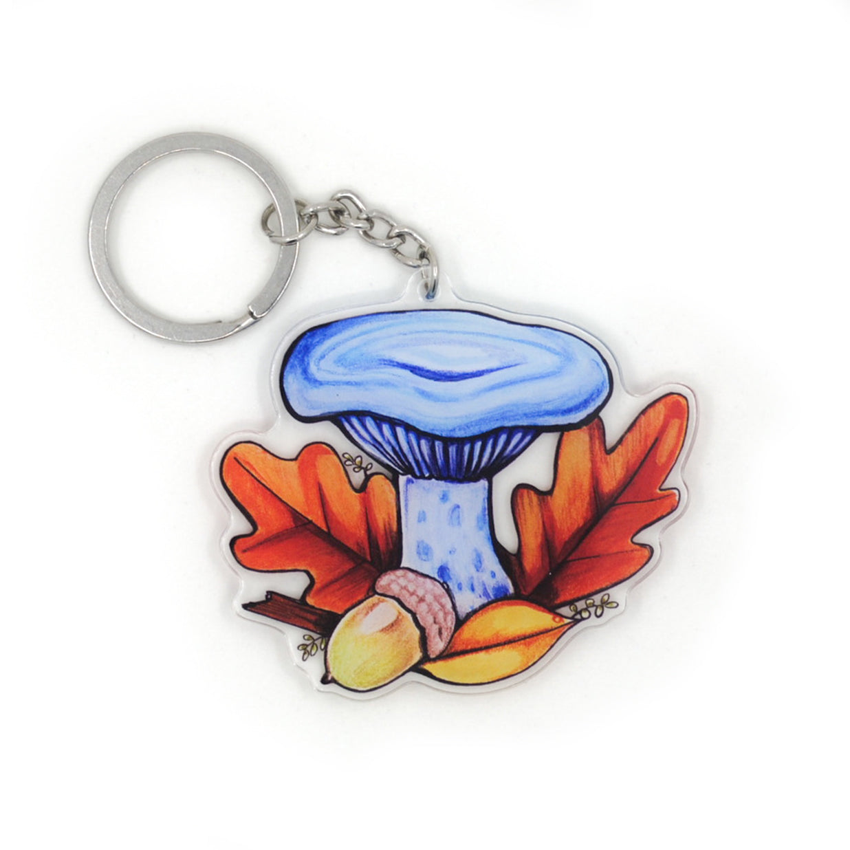 A keychain featuring an indigo milkcap mushroom