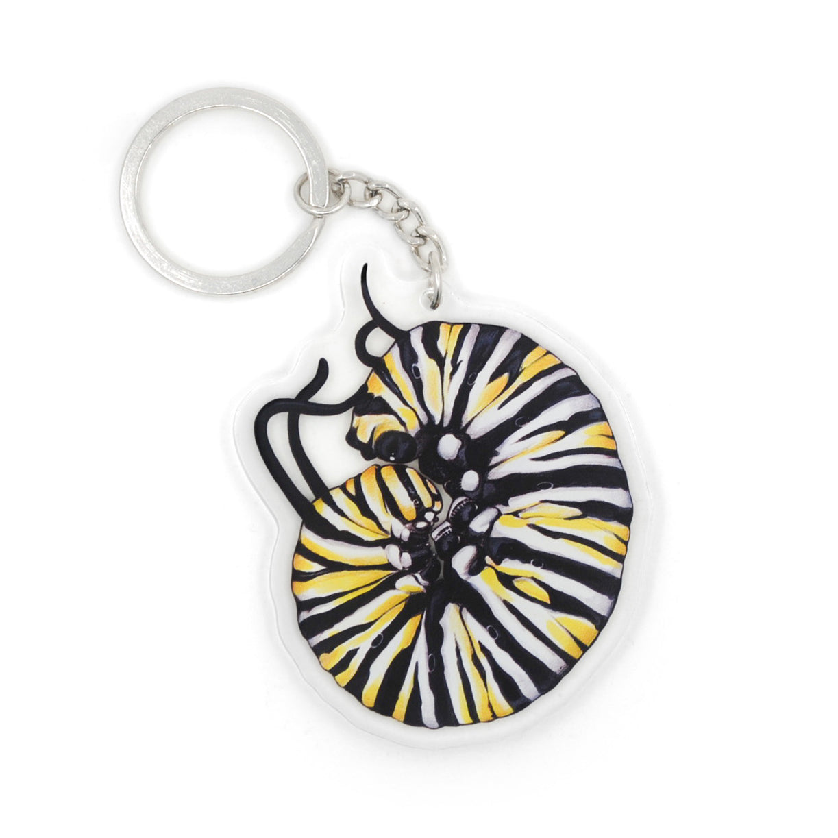 A keychain featuring a monarch caterpillar