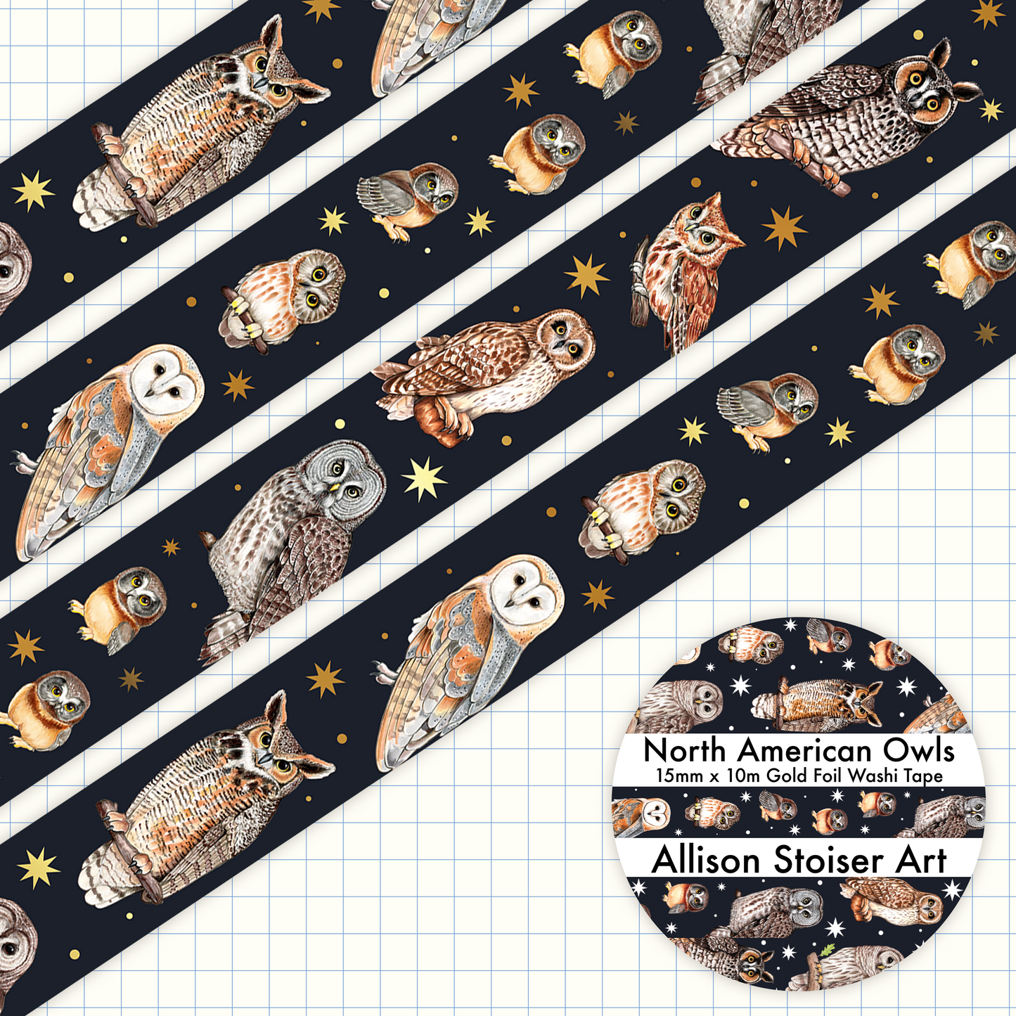 Gold foil washi tape of owls native to North America on a dark blue background with gold stars.