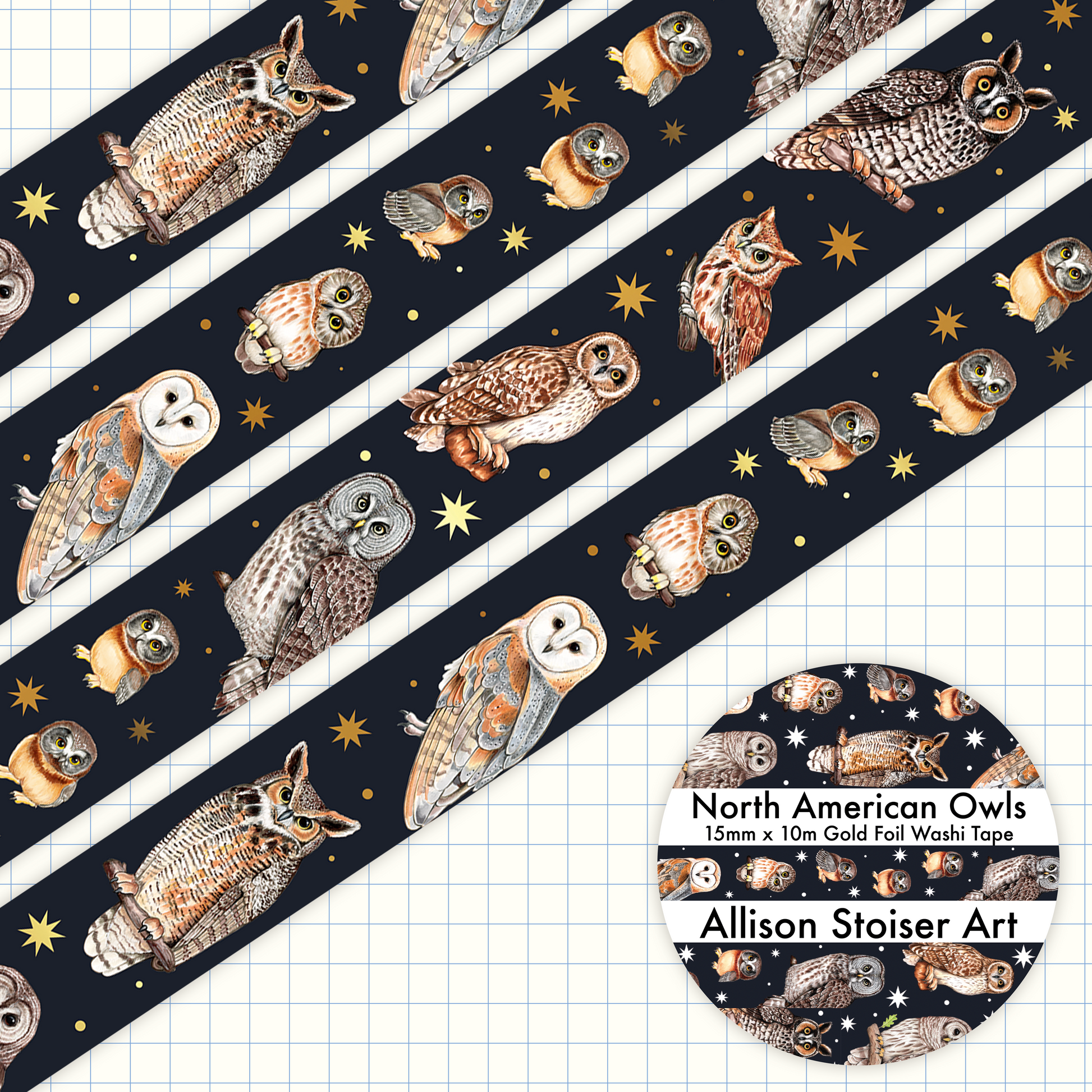 Gold foil washi tape of owls native to North America on a dark blue background with gold stars.