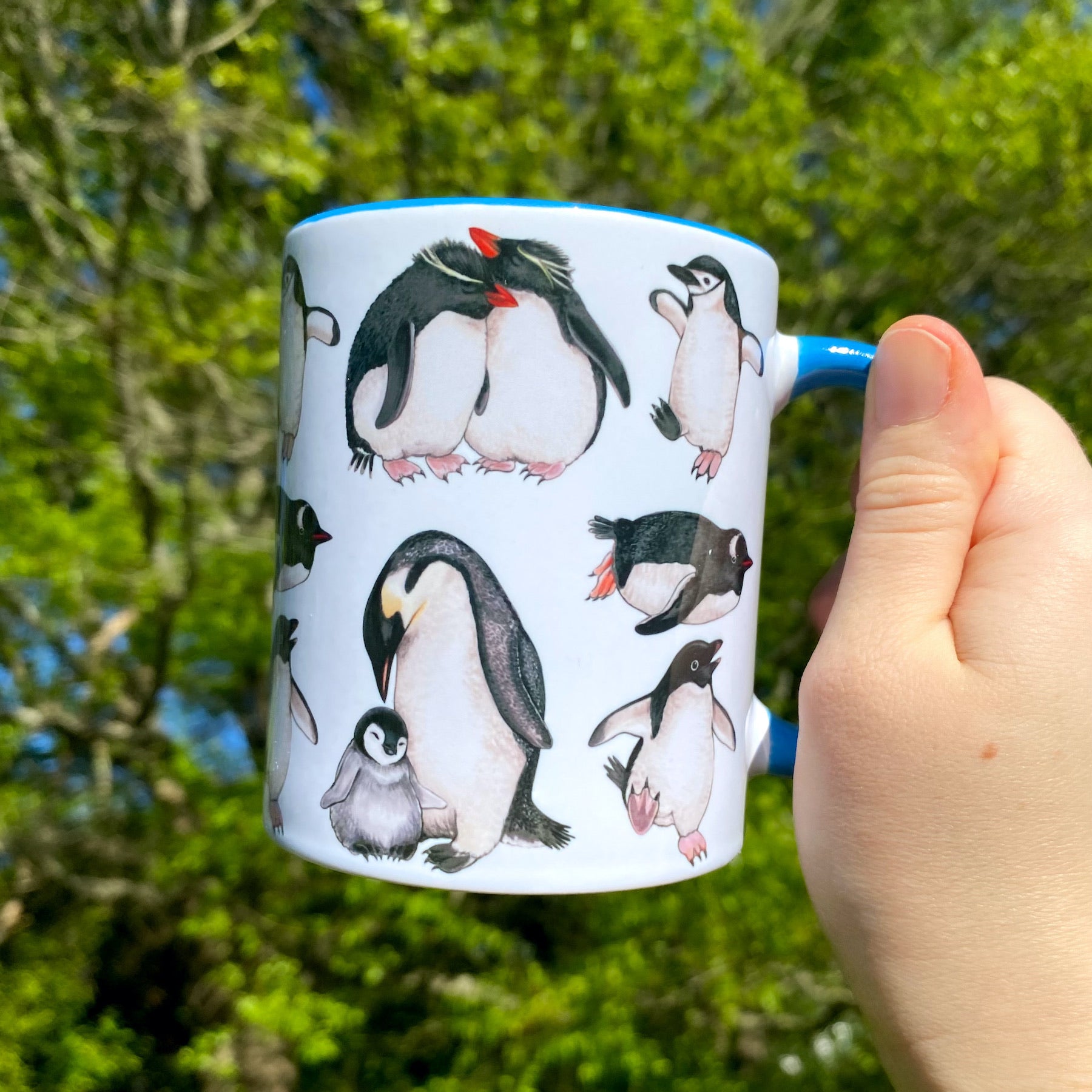 A hand holding a blue handled mug with a spread of several penguin species.