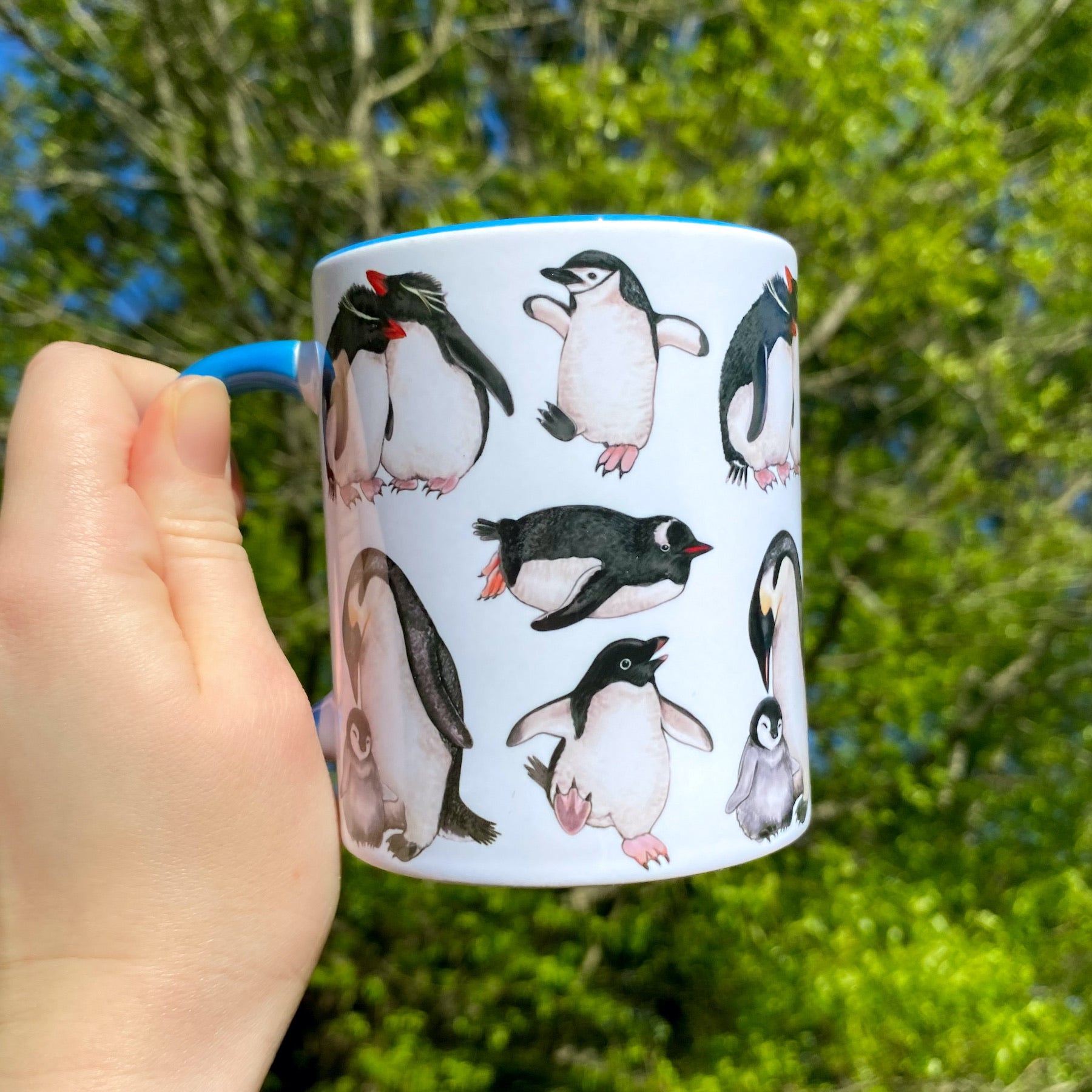 A hand holding a blue handled mug with a spread of several penguin species.