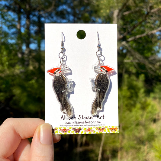 acrylic earrings with pileated woodpecker charms