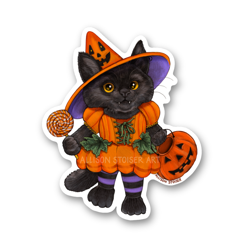 A die-cut sticker featuring a black cat dressed in an orange pumpkin witch costume, holding a classic 90's jack-o'-lantern trick or treat bucket and a lollipop, on a plain white background.