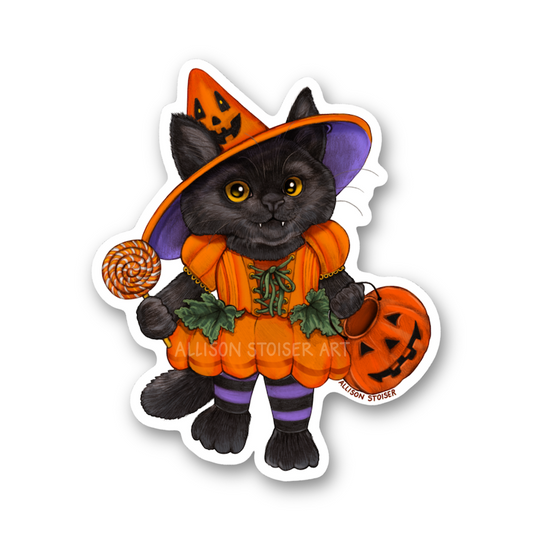 A die-cut sticker featuring a black cat dressed in an orange pumpkin witch costume, holding a classic 90's jack-o'-lantern trick or treat bucket and a lollipop, on a plain white background.