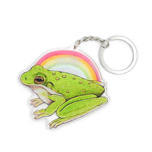 A keychain of a green tree frog in front of a rainbow on a white background.