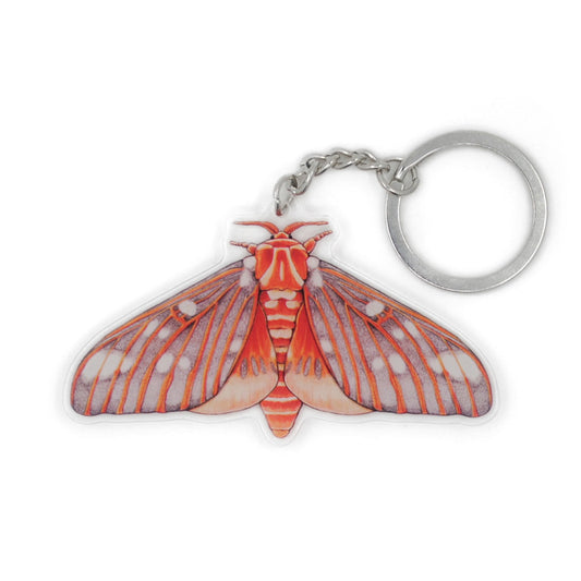 A keychain of a regal moth on a white background.