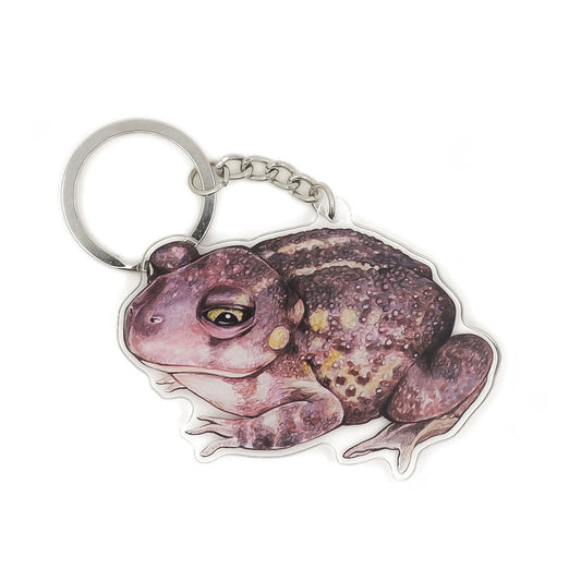 A keychain of a spadefoot toad on a white background.