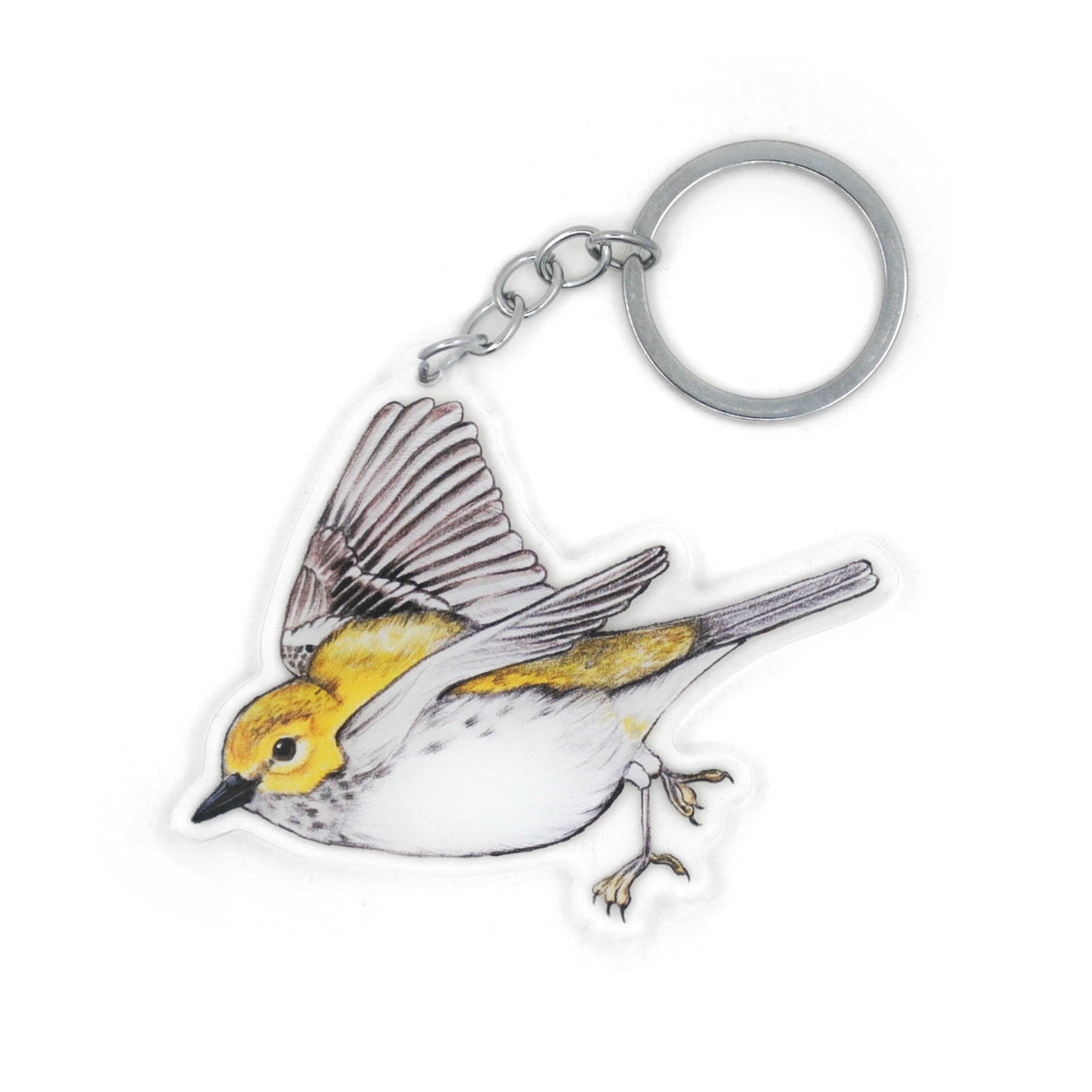 A keychain of a black-throated green warbler