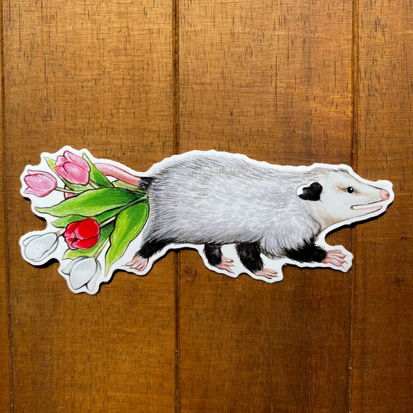Opossum with Tulips Weatherproof Vinyl Sticker