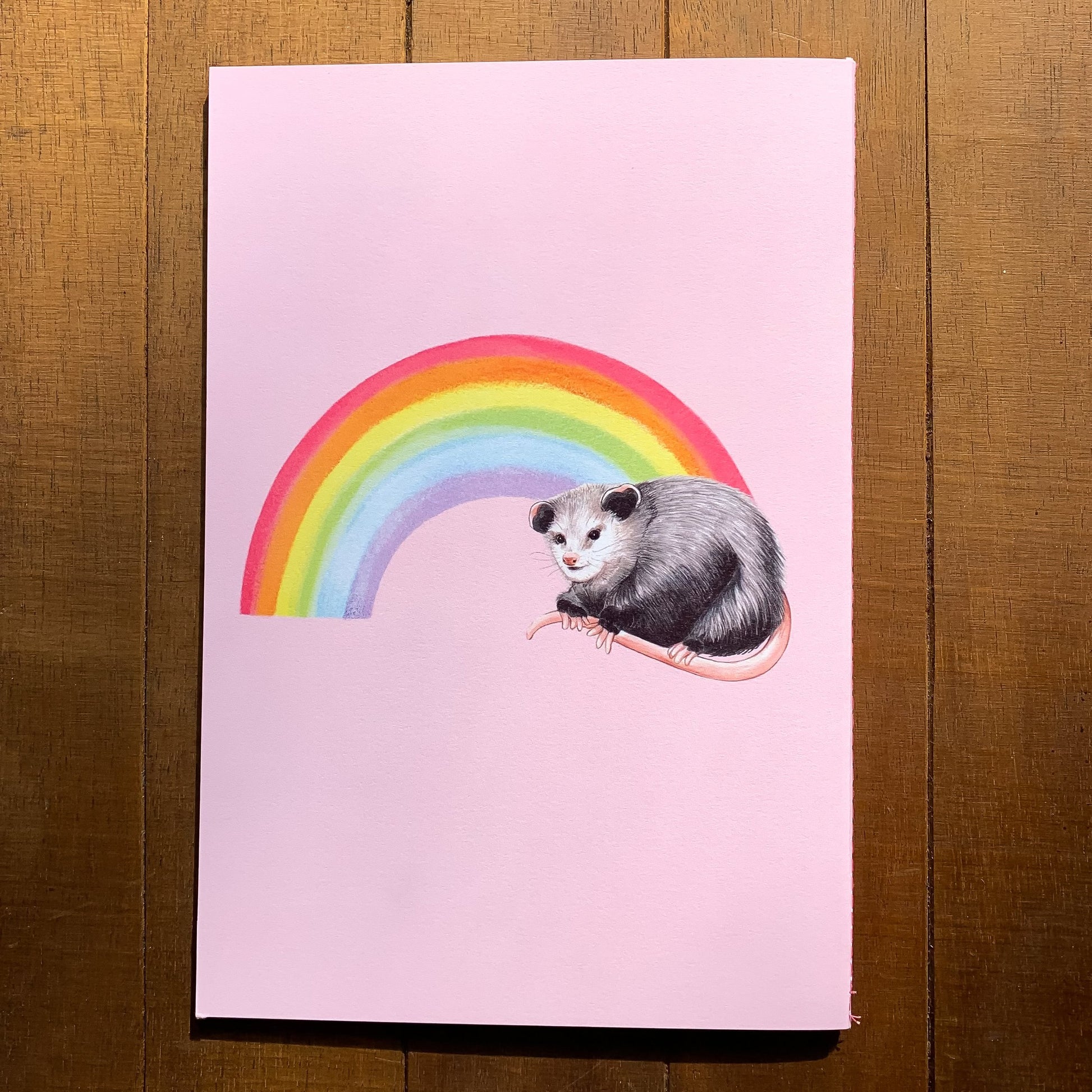 A handmade journal featuring possums and rainbows on a pink background