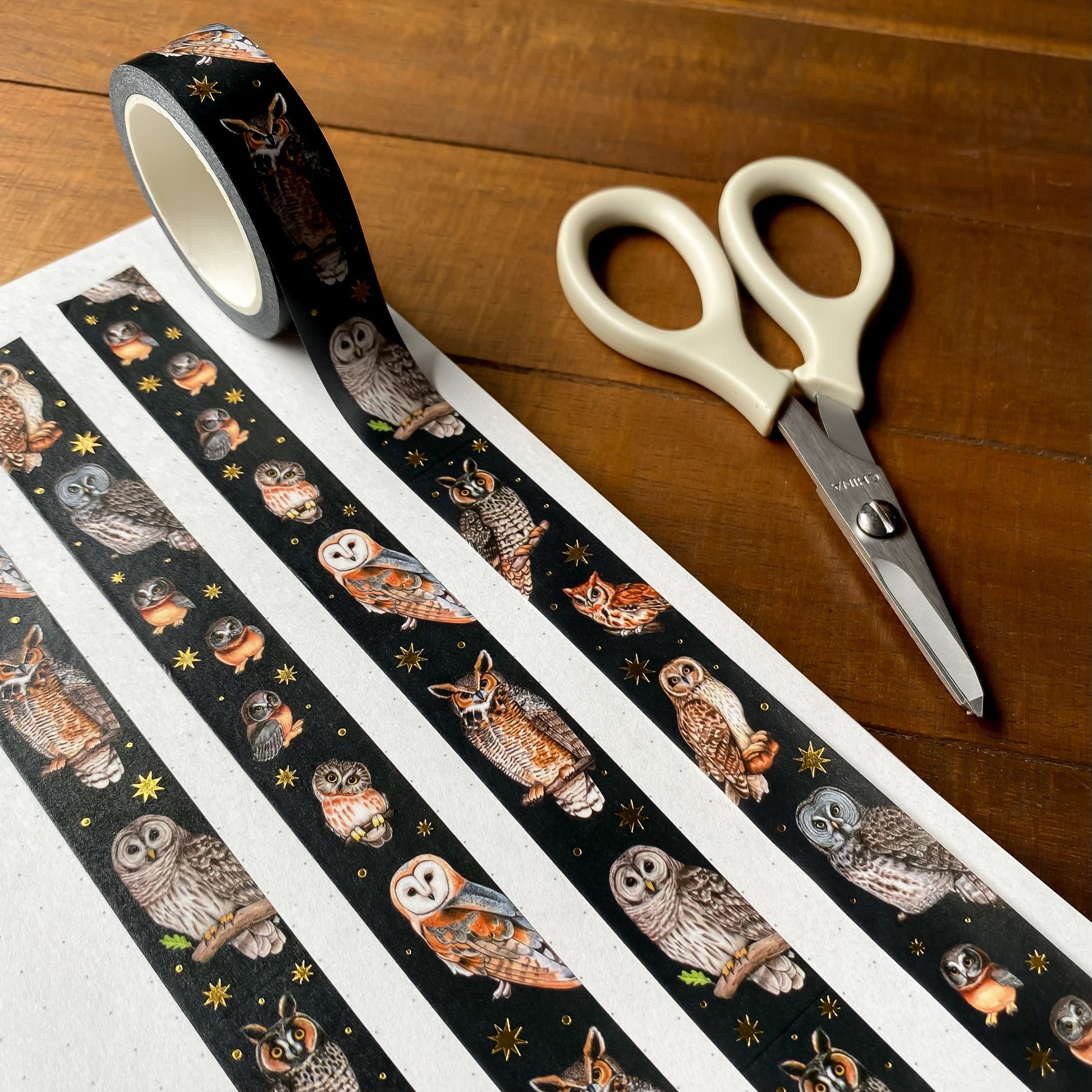 Swatched washi tape showing stamps featuring american owls