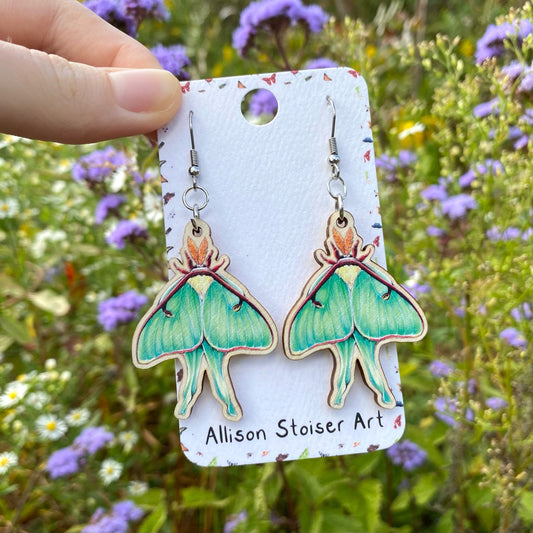 Wood Luna Moth Earrings