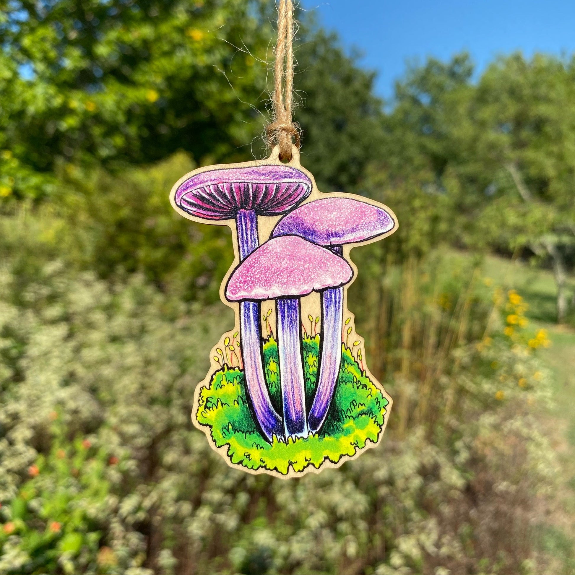 A wooden ornament strung with twine of an amethyst deceiver mushroom.