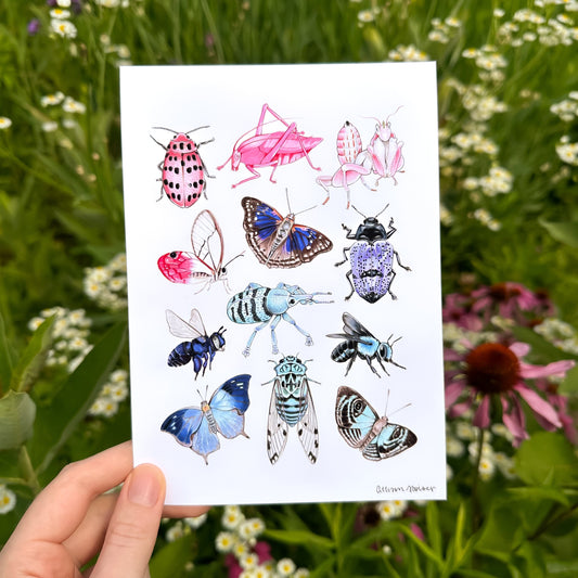 A print featuring pink, purple, and blue insects