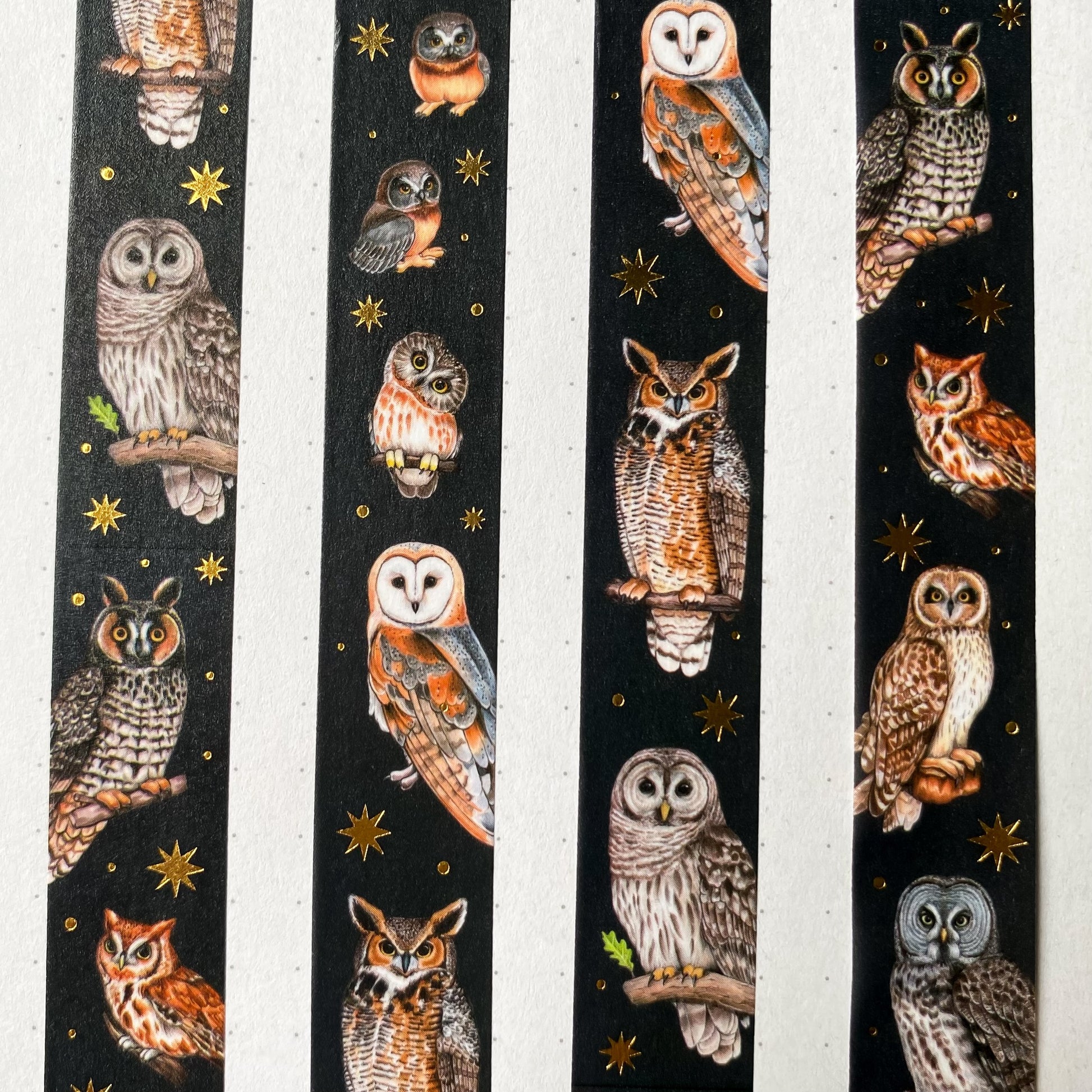 Swatched washi tape showing stamps featuring american owls