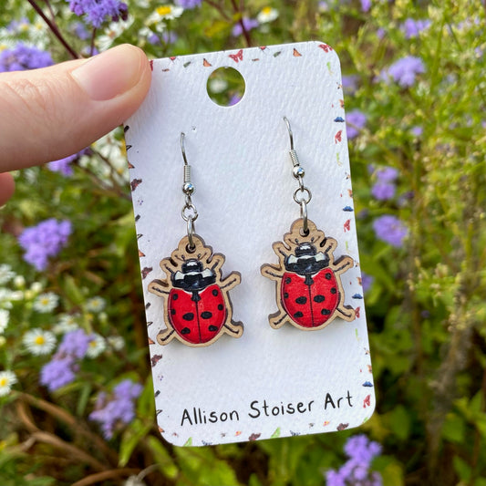 Sustainably sourced wooden ladybug earrings