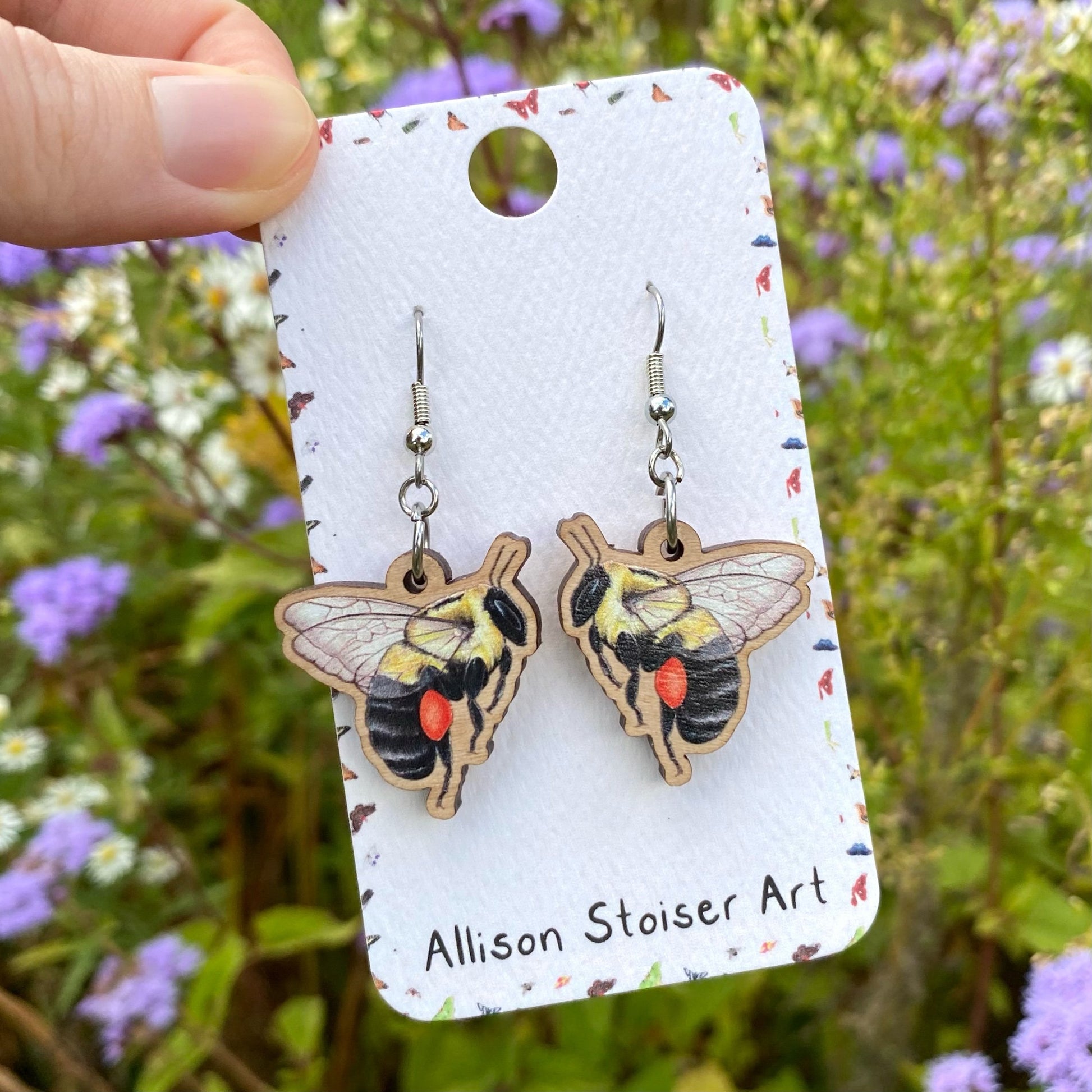 Sustainably sourced wooden brown-belted bumblebee earrings 