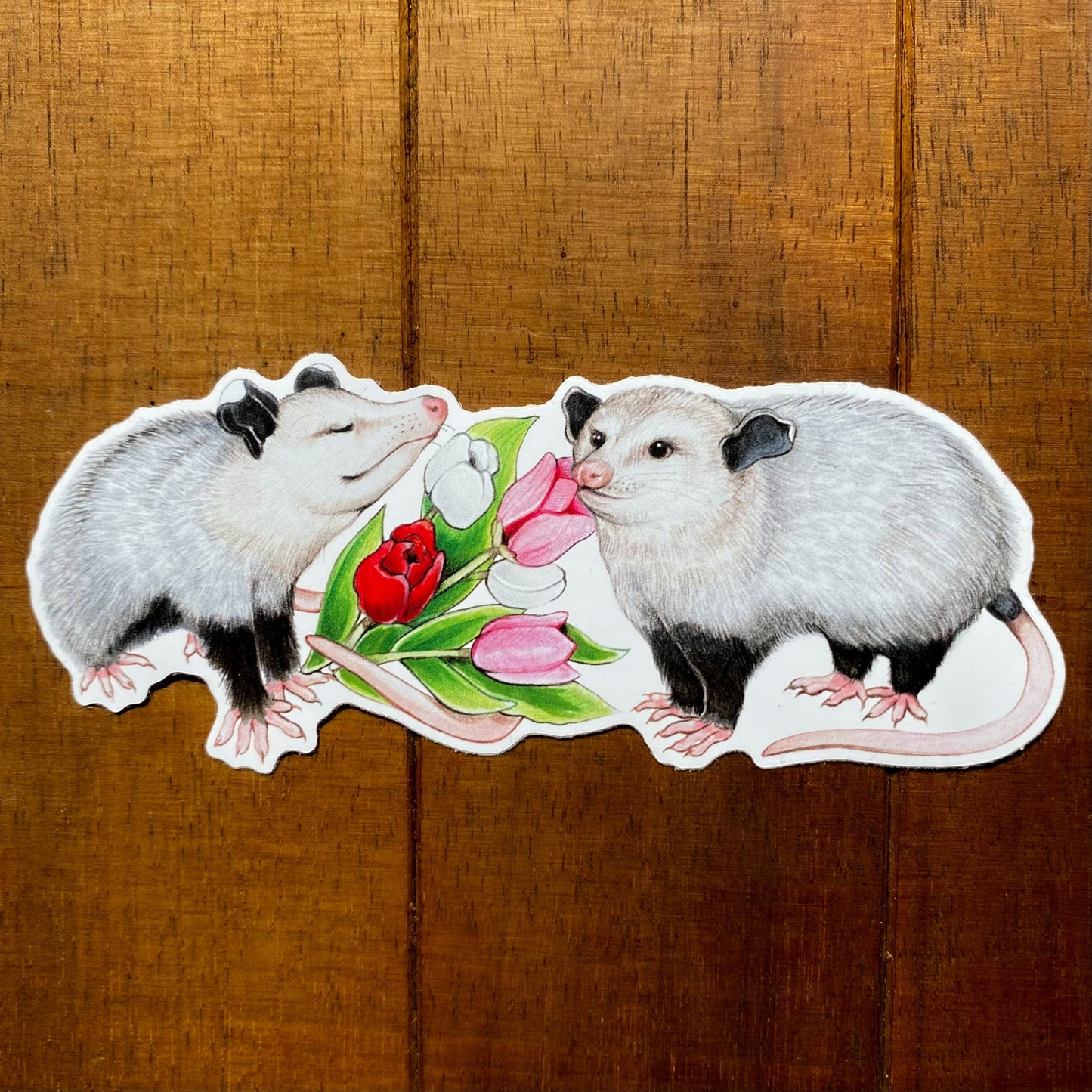 Opossums with Tulip Bouquet Weatherproof Vinyl Sticker
