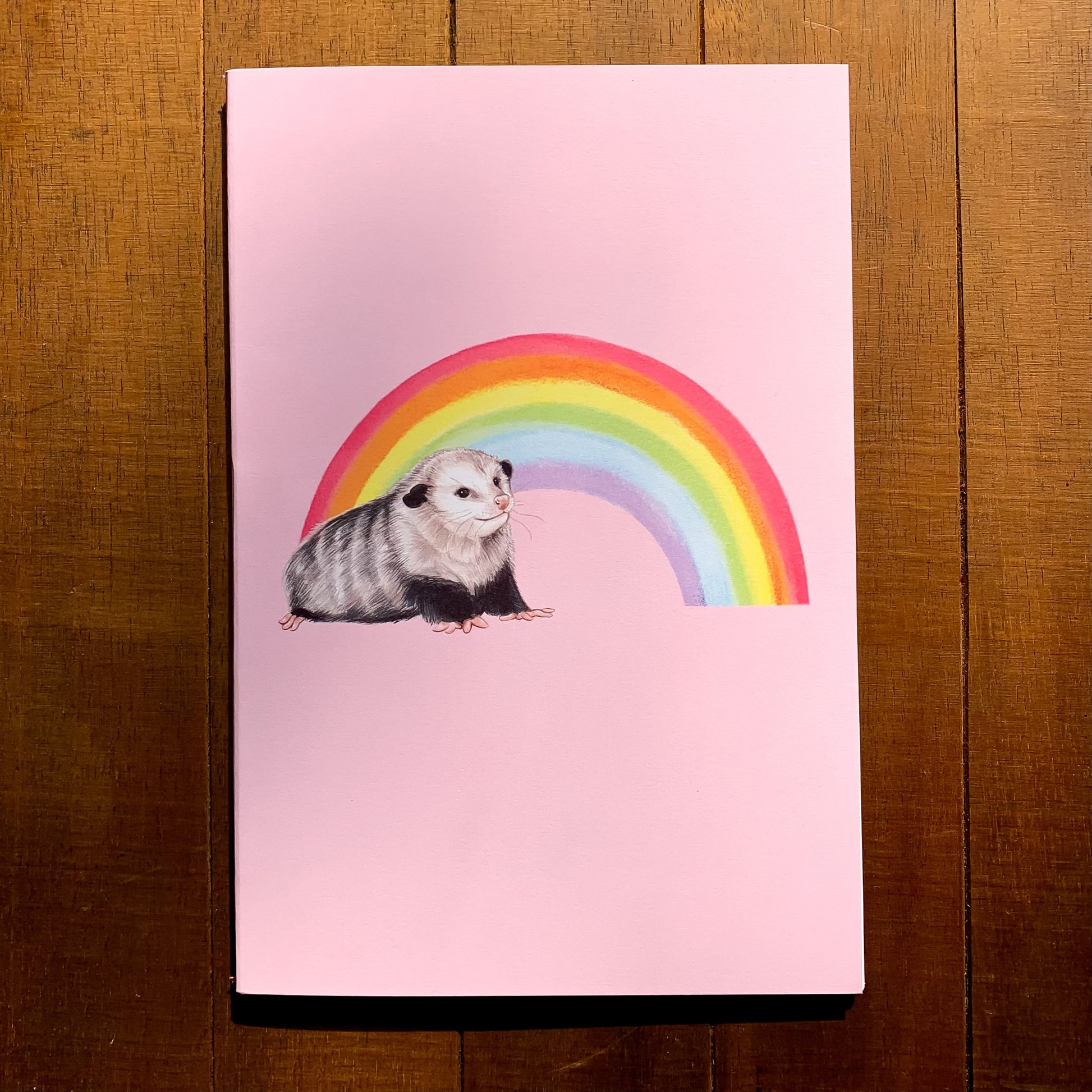 A handmade journal featuring possums and rainbows on a pink background