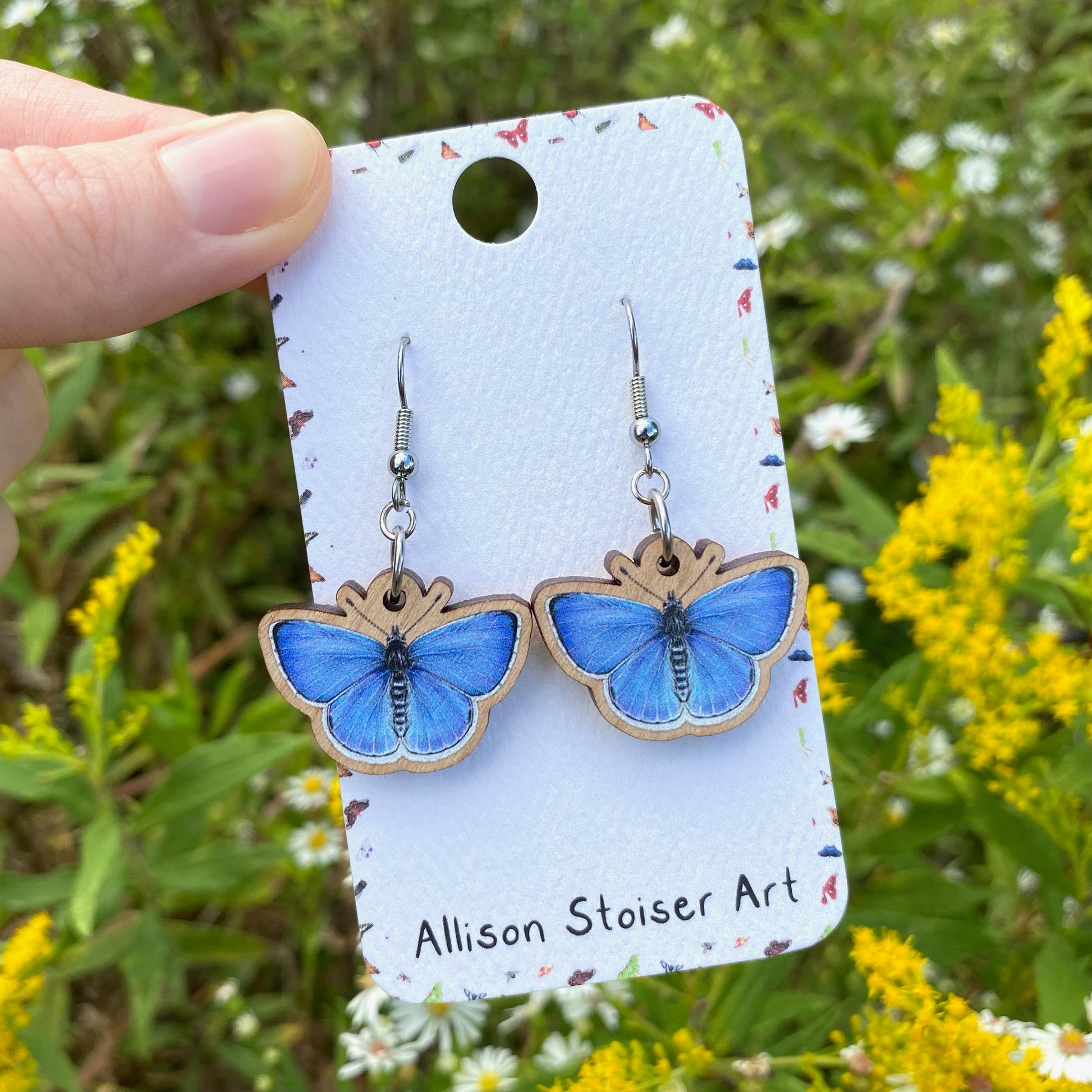 Sustainably sourced wooden spring azure earrings